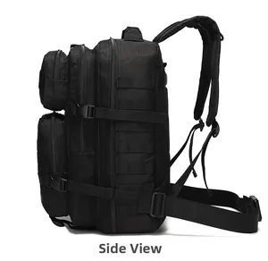 Side view of black tactical backpack featuring MOLLE webbing and durable nylon fabric