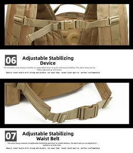 Detail view of adjustable chest and waist buckles on a khaki tactical hiking backpack