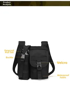 Détail du sac à bandoulière tactique noir étanche avec porte-bouteille et tirettes paracorde