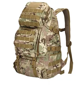Detailed macro view of military tactical backpack with CP camouflage and MOLLE system straps
