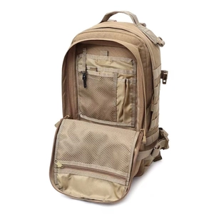 Internal view of tactical backpack showing mesh zipper pocket and storage compartments