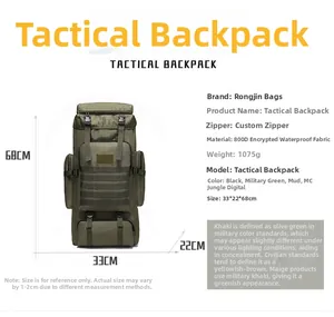 Detailed size chart for 75L 800D waterproof camo tactical backpack in military green