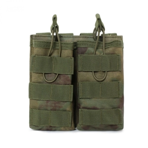 Tactical dual magazine pouch featuring MOLLE webbing and camouflage nylon material