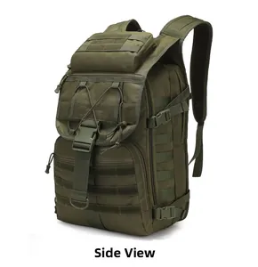 Side view of 55L olive green tactical outdoor backpack showing MOLLE straps and buckles