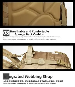 Detail of 45L tactical backpack featuring breathable sponge padding and top strap system