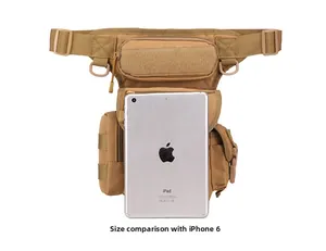 Tactical Oxford cloth leg bag capacity view showing size comparison with a tablet device
