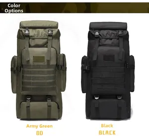 Side-by-side view of large 75L tactical backpacks in olive drab and black nylon