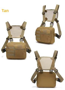 Three-view shot of tan tactical chest bag with MOLLE system and breathable mesh back