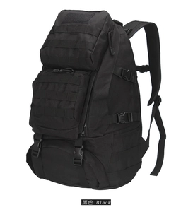 Close-up of black tactical backpack with MOLLE system and adjustable side buckles