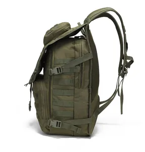 Side view of olive green 55L tactical backpack showing MOLLE webbing and buckles