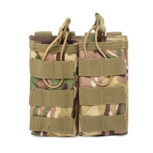 Detail of multicam dual magazine pouch with MOLLE webbing and adjustable bungees