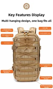 Detail of khaki tactical backpack featuring MOLLE system and breathable shoulder straps