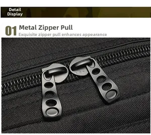 Close-up of durable black matte metal zippers on tactical nylon outdoor backpack