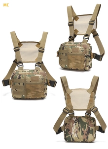 Three-view shot of a MultiCam tactical chest bag with MOLLE webbing and breathable mesh