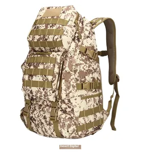 Side view of desert digital camo tactical backpack with MOLLE webbing and mesh straps