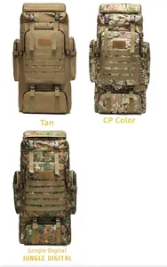 Tactical 75L backpack options in Tan, CP camo, and Jungle Digital camo patterns