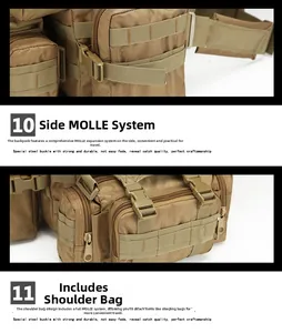 Detail of khaki tactical backpack featuring MOLLE system straps and detachable small shoulder bag