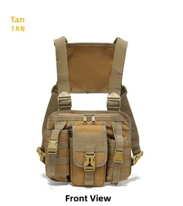 Close-up of tan tactical chest rig with Molle system webbing and functional pockets