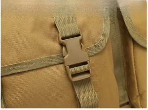 Detail of durable khaki tactical backpack buckle and high-density nylon webbing strap