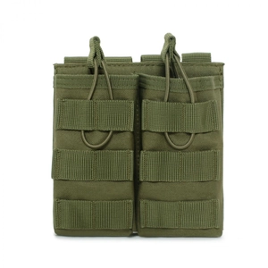 Front view of dual military green tactical magazine pouches with MOLLE webbing and cords