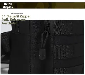 Close-up of black tactical vest backpack showing paracord zipper and MOLLE webbing system