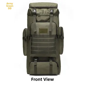 Front view of army green tactical hiking backpack with MOLLE webbing and buckles