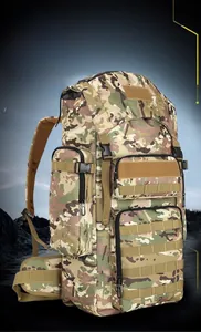 Detailed view of multicam tactical backpack with MOLLE webbing and padded mesh straps