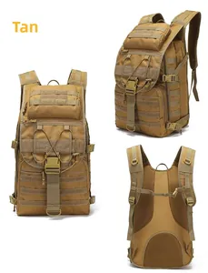Three-view layout of a tan tactical 55L backpack featuring MOLLE webbing and padded mesh back