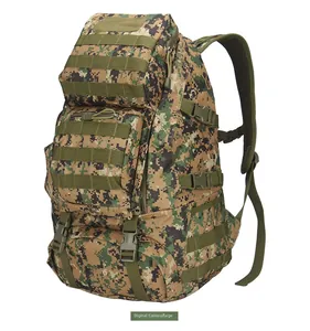 Detail of jungle digital camouflage tactical backpack with MOLLE system webbing and buckles