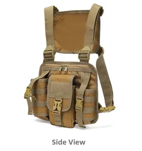 Side view of tactical wolf brown chest bag with MOLLE webbing and quick release buckle