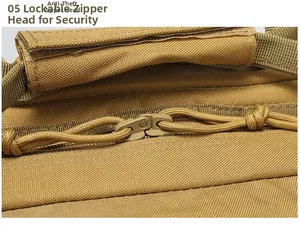 Detailed macro view of heavy-duty double anti-theft zippers on khaki tactical backpack