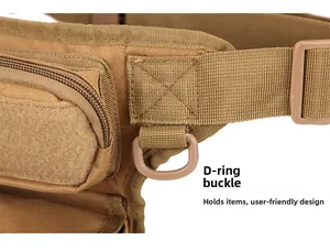 Detail of tan tactical waist bag showing durable nylon fabric, D-ring and velcro panel