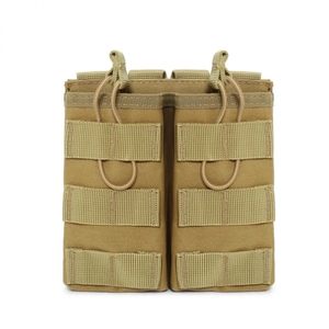 Detail of tan tactical double magazine pouch with MOLLE straps and elastic drawstrings