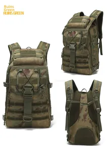 Detailed views of 55L tactical backpack in Ruins Green showing MOLLE system and back panel