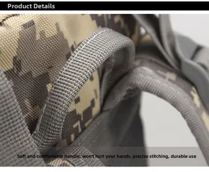 Close-up of the reinforced handle stitching on the desert camo tactical backpack