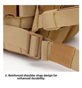 Detail of reinforced shoulder strap stitching with D-ring on tactical outdoor backpack