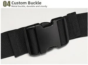 Close-up of durable quick-release plastic buckle on high-density black nylon webbing strap