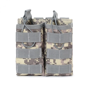 Detail of ACU camouflage dual mag pouch with elastic cord and MOLLE webbing