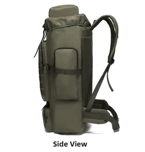 Side view of 75L tactical camouflage backpack showing padded mesh back and adjustable straps