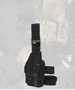 Detail of black tactical leg holster with adjustable straps and quick-release buckles