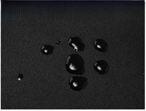 Macro shot of black high-density waterproof fabric with water droplets rolling off