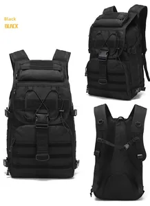 Macro view of tactical 55L outdoor backpack featuring MOLLE system and breathable mesh back