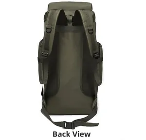 Detail of army green 75L backpack featuring ergonomic honeycomb mesh breathable back system