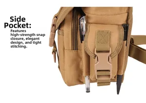 Detail of tactical khaki bag side pocket with secure buckle and dual pen holder slots