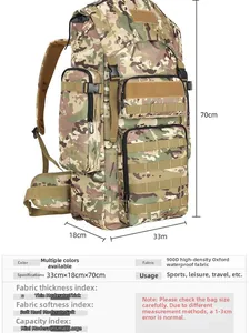 Detail view of 30L camouflage tactical backpack with 70x33x18cm dimension labels