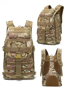 Three-view layout of 55L tactical backpack with MOLLE webbing and camouflage pattern