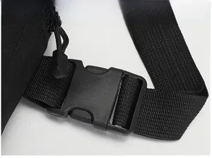 Detail of durable black plastic buckle and heavy-duty nylon webbing on sports vest bag