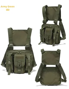 Detailed multi-angle views of army green tactical chest rig with MOLLE webbing system