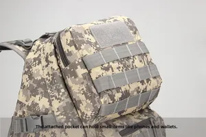 Tactical digital camouflage backpack detail with Molle system and Velcro area for accessories