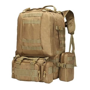 Tactical 45L khaki hiking backpack with modular MOLLE system and multiple storage pockets
